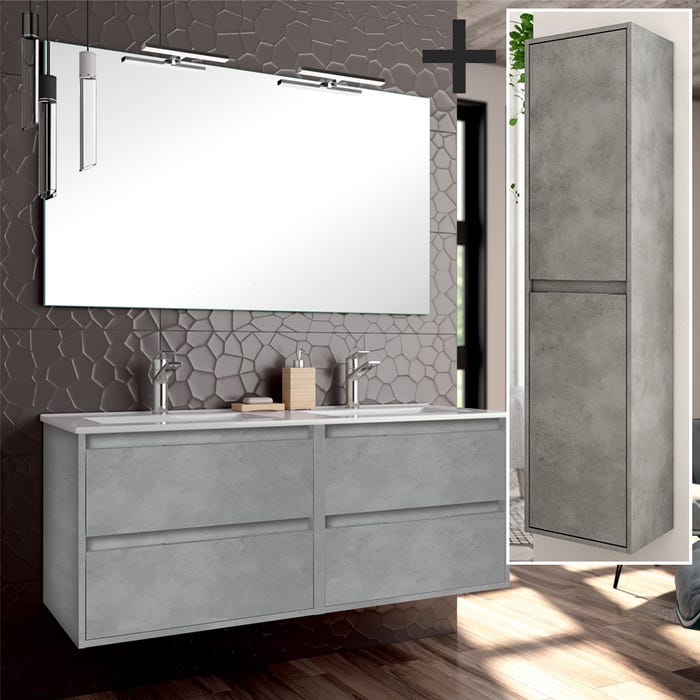 Ensemble meuble de salle de bain 120cm double vasque + colonne de rangement IRIS - ciment (gris) 0