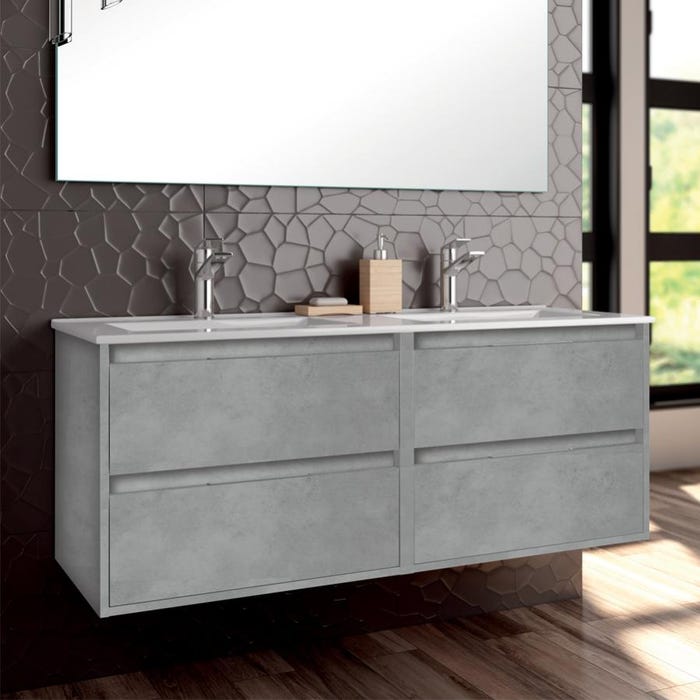 Ensemble meuble de salle de bain 120cm double vasque + colonne de rangement IRIS - ciment (gris) 2