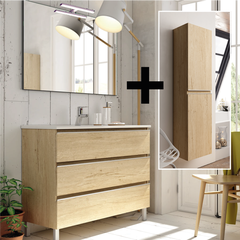 Ensemble meuble de salle de bain 100cm simple vasque + colonne de rangement PALMA - bambou (chêne clair) 0