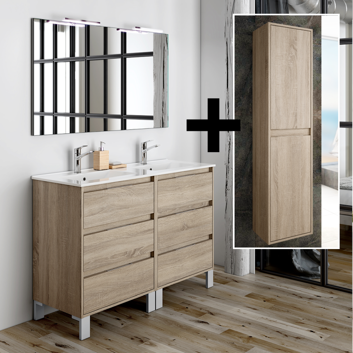 Ensemble meuble de salle de bain 120cm double vasque + colonne de rangement TIRIS - cambrian (chêne) 0