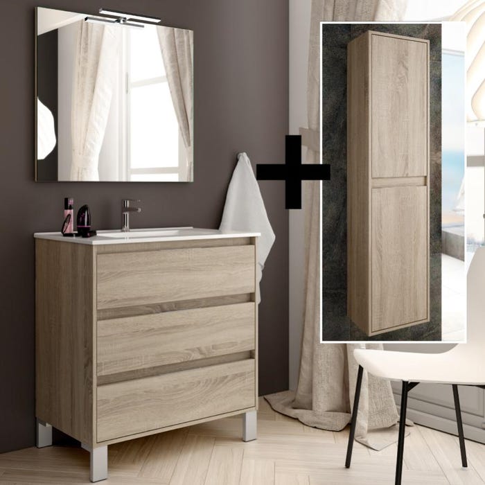 Ensemble meuble de salle de bain 80cm simple vasque + colonne de rangement TIRIS - cambrian (chêne) 0