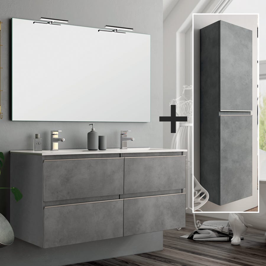 Ensemble meuble de salle de bain 140cm double vasque + colonne de rangement - BALEA - ciment (gris) 0