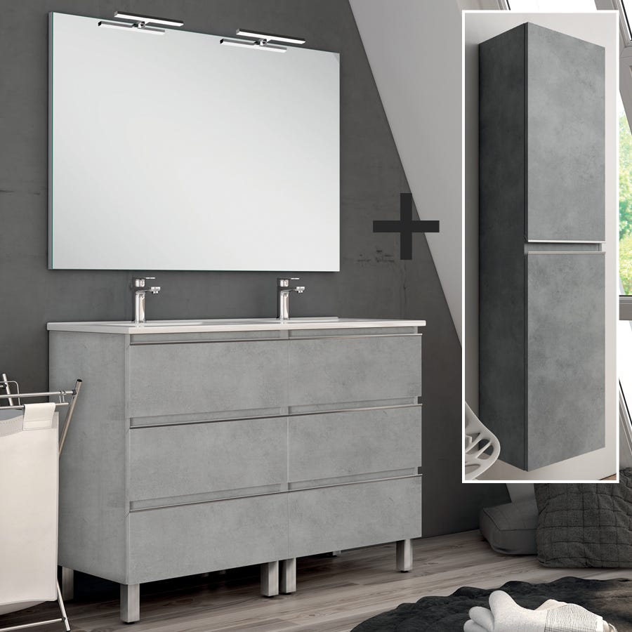 Ensemble meuble de salle de bain 140cm double vasque + colonne de rangement PALMA - ciment (gris) 0