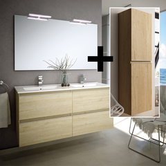 Ensemble meuble de salle de bain 120cm double vasque + colonne de rangement - BALEA - bambou (chêne clair) 0