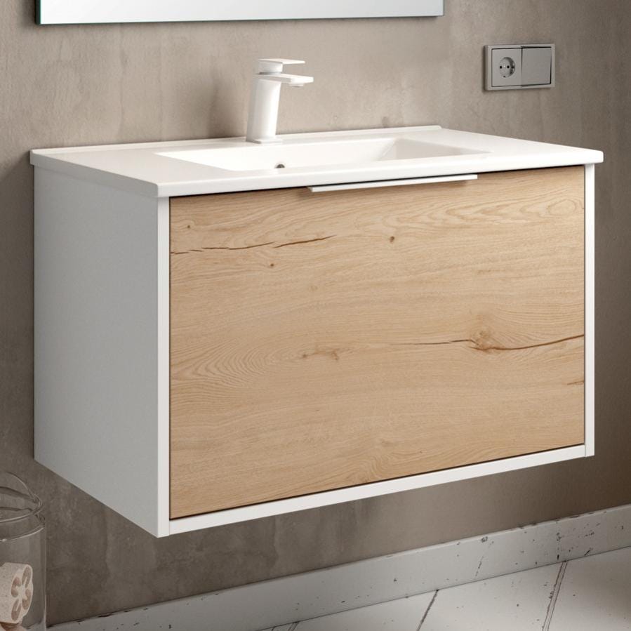 Meuble de salle de bain 80cm simple vasque - 1 façade et 2 tiroirs - ALBA - blanc/roble 1