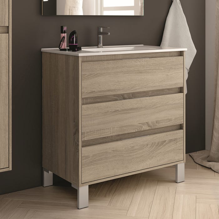 Ensemble meuble de salle de bain 100cm simple vasque + colonne de rangement TIRIS - cambrian (chêne) 2