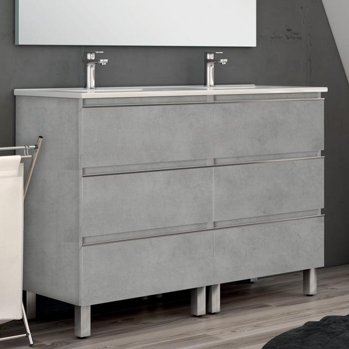 Ensemble meuble de salle de bain 120cm double vasque + colonne de rangement PALMA - ciment (gris) 1