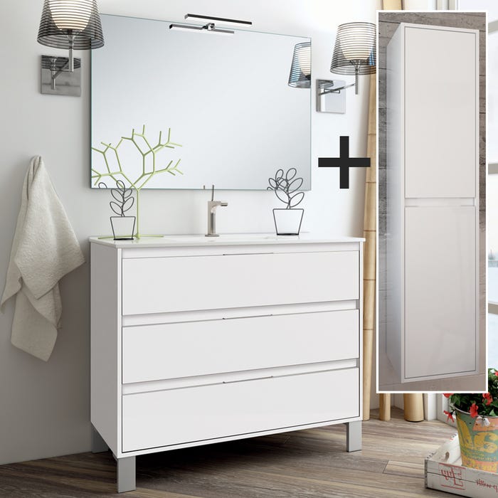 Ensemble meuble de salle de bain 100cm simple vasque + colonne de rangement TIRIS - blanc 0