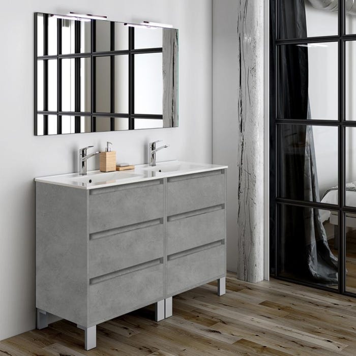 Ensemble meuble de salle de bain 120cm double vasque + colonne de rangement TIRIS - ciment (gris) 1