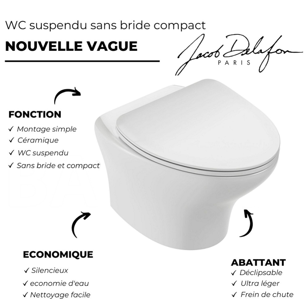 WC suspendu compact sans bride JACOB DELAFON Nouvelle Vague + abattant Economie d'eau 2
