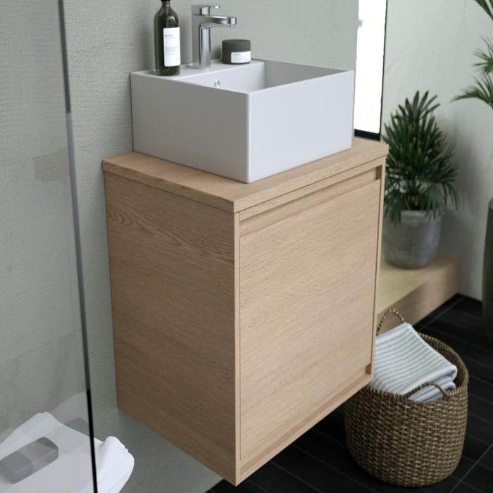 Meuble de salle de bain suspendu avec vasque à poser en céramique - Placage chêne - 60 cm - MESLIVA 2