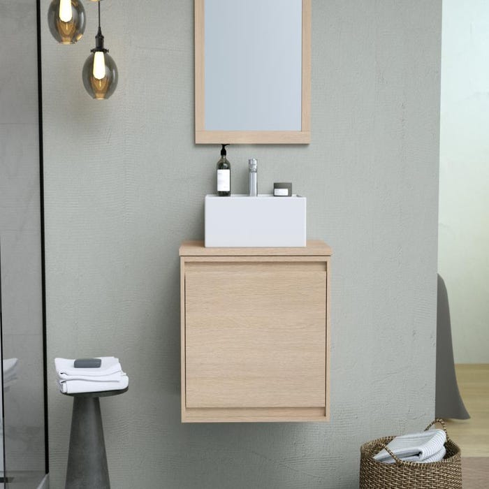 Meuble de salle de bain suspendu avec vasque à poser en céramique - Placage chêne - 60 cm - MESLIVA 1