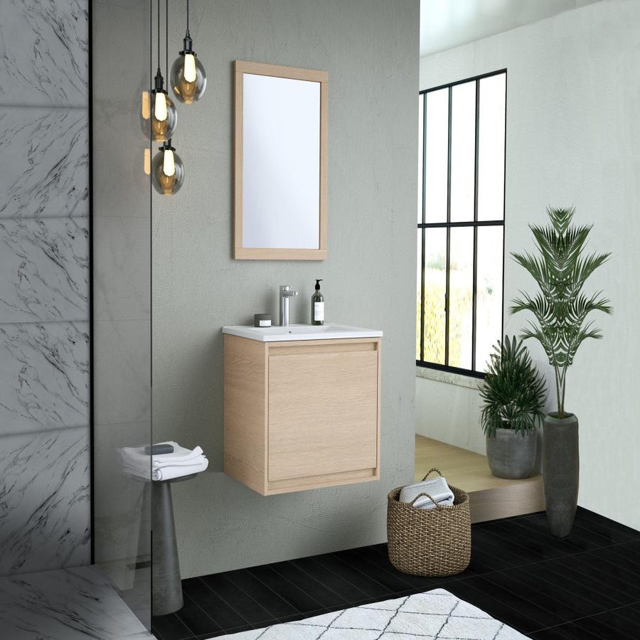 Meuble de salle de bain suspendu avec vasque à encastrer - Placage chêne - 60 cm - MESLIVA 6