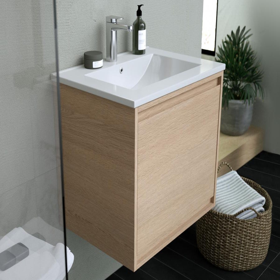 Meuble de salle de bain suspendu avec vasque à encastrer - Placage chêne - 60 cm - MESLIVA 5