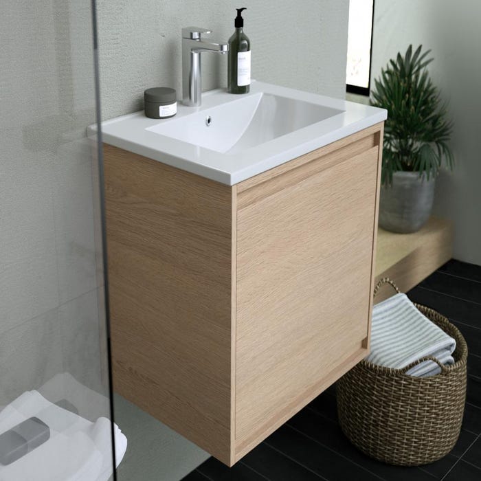 Meuble de salle de bain suspendu avec vasque à encastrer - Placage chêne - 60 cm - MESLIVA 5