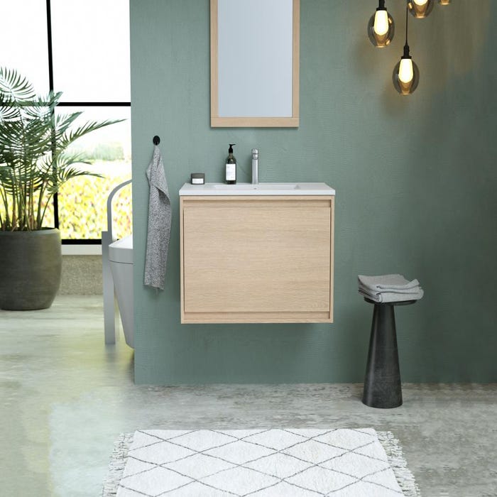Meuble de salle de bain suspendu avec vasque à encastrer - Placage chêne - 80 cm - MESLIVA 2