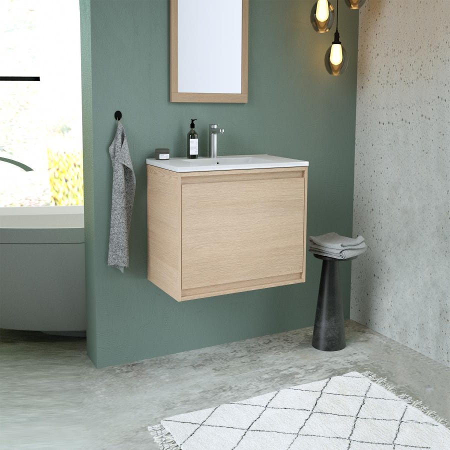 Meuble de salle de bain suspendu avec vasque à encastrer - Placage chêne - 80 cm - MESLIVA 5