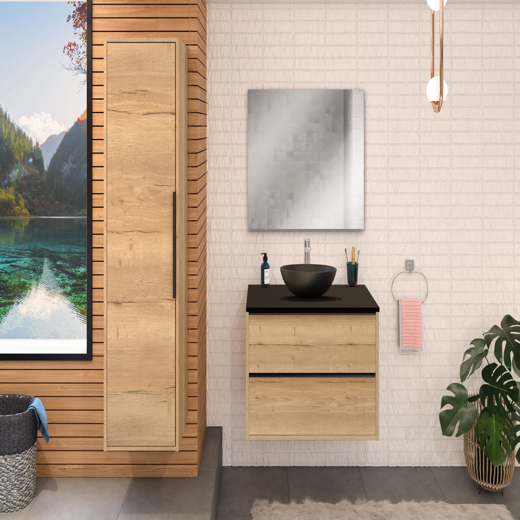Meuble de salle de bain BORDER 80cm + plan vasque à poser + colonne Chêne Halifax naturel et noir 1