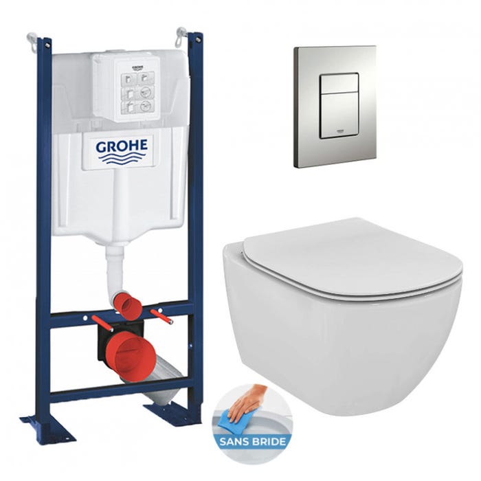 Grohe Pack WC Bâti Autoportant Rapid SL + WC sans bride Tesi + Abattant softclose + Plaque chrome (ProjectTesi-5) 0