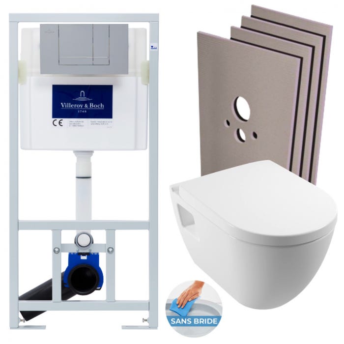 Villeroy & Boch Pack WC Bâti-support + WC Serel SM26 sans bride + Abattant softclose + Plaque chrome mat + Set habillage 0