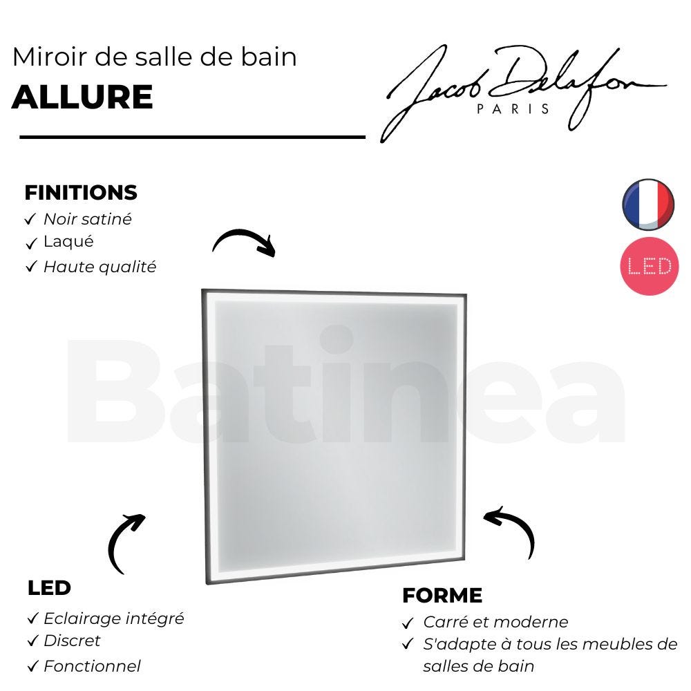 Miroir JACOB DELAFON Allure 80 x 80 cm, carré LED 3