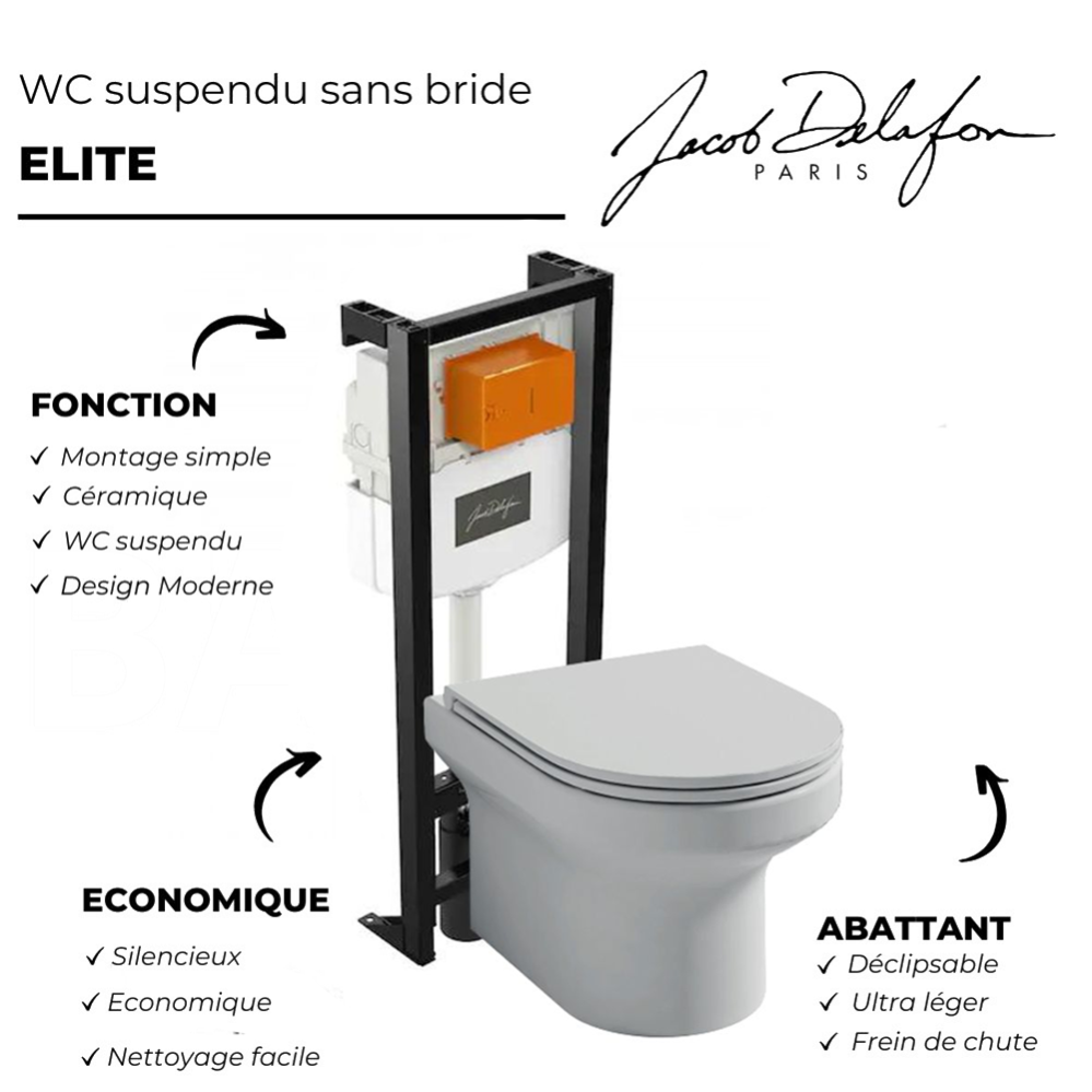 Pack WC suspendu sans bride JACOB DELAFON Elite + bâti-support + plaque Blanc brillant/Blanc mat 3