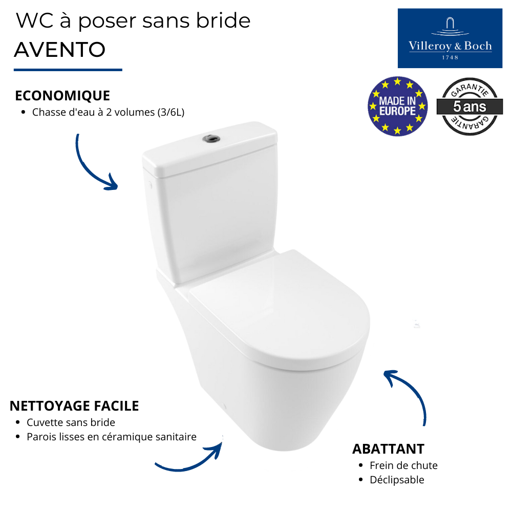 WC à poser sans bride VILLEROY ET BOCH Avento avec abattant frein de chute déclipsable + nettoyant Briochin 2