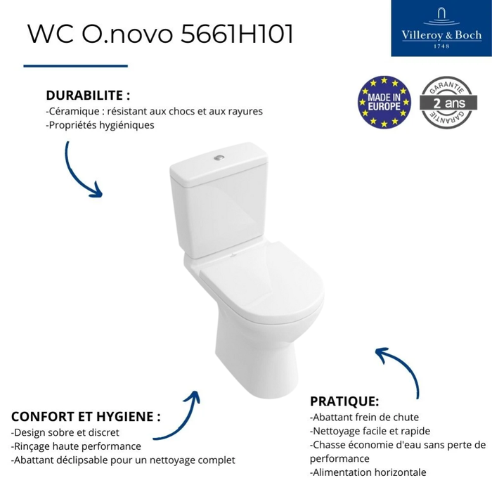 WC à poser VILLEROY ET BOCH O.novo avec abattant frein de chute déclipsable + nettoyant Briochin 2