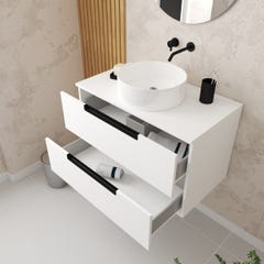 Meuble salle de bains 80cm Blanc Laqué 2 tiroirs - Vasque Blanche Ø36cm et Miroir Rond Ø60cm 1