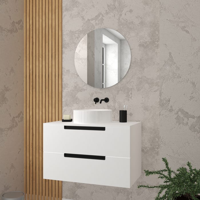 Meuble salle de bains 80cm Blanc Laqué 2 tiroirs - Vasque Blanche Ø36cm et Miroir Rond Ø60cm 0