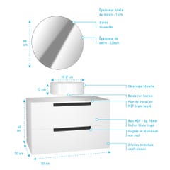 Meuble salle de bains 80cm Blanc Laqué 2 tiroirs - Vasque Blanche Ø36cm et Miroir Rond Ø60cm 3