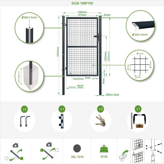 Portillon de jardin grillagé OLGA 1m x 1,5m en acier galvanisé GRIS avec serrure et poignée. Poteaux ronds à sceller ou visser sur platine 1