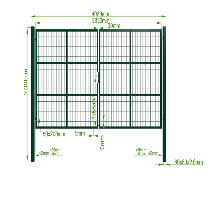 Portail battant grillagé RAZO 4m x 2m en acier galvanisé VERT avec serrure et poignée. Poteaux carrés à sceller ou visser sur platine 4