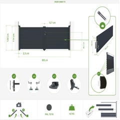 Pack portail battant EIGER 300B115 + 2 Poteaux alu H.166cm Gris 1
