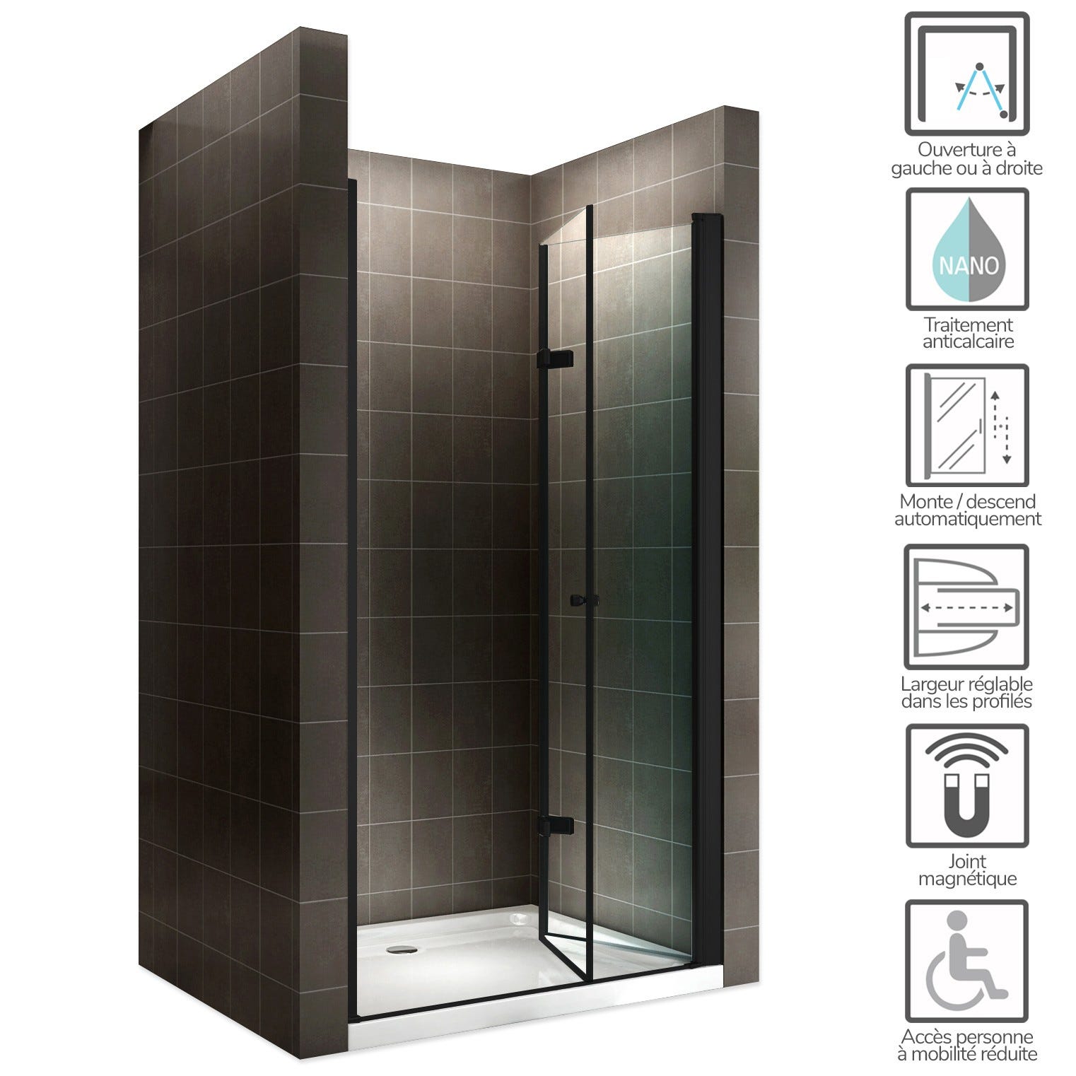 MONABLACK Porte de douche pliante H 195 cm noir largeur réglable de 100 à 104 cm verre 6 mm transparent 1