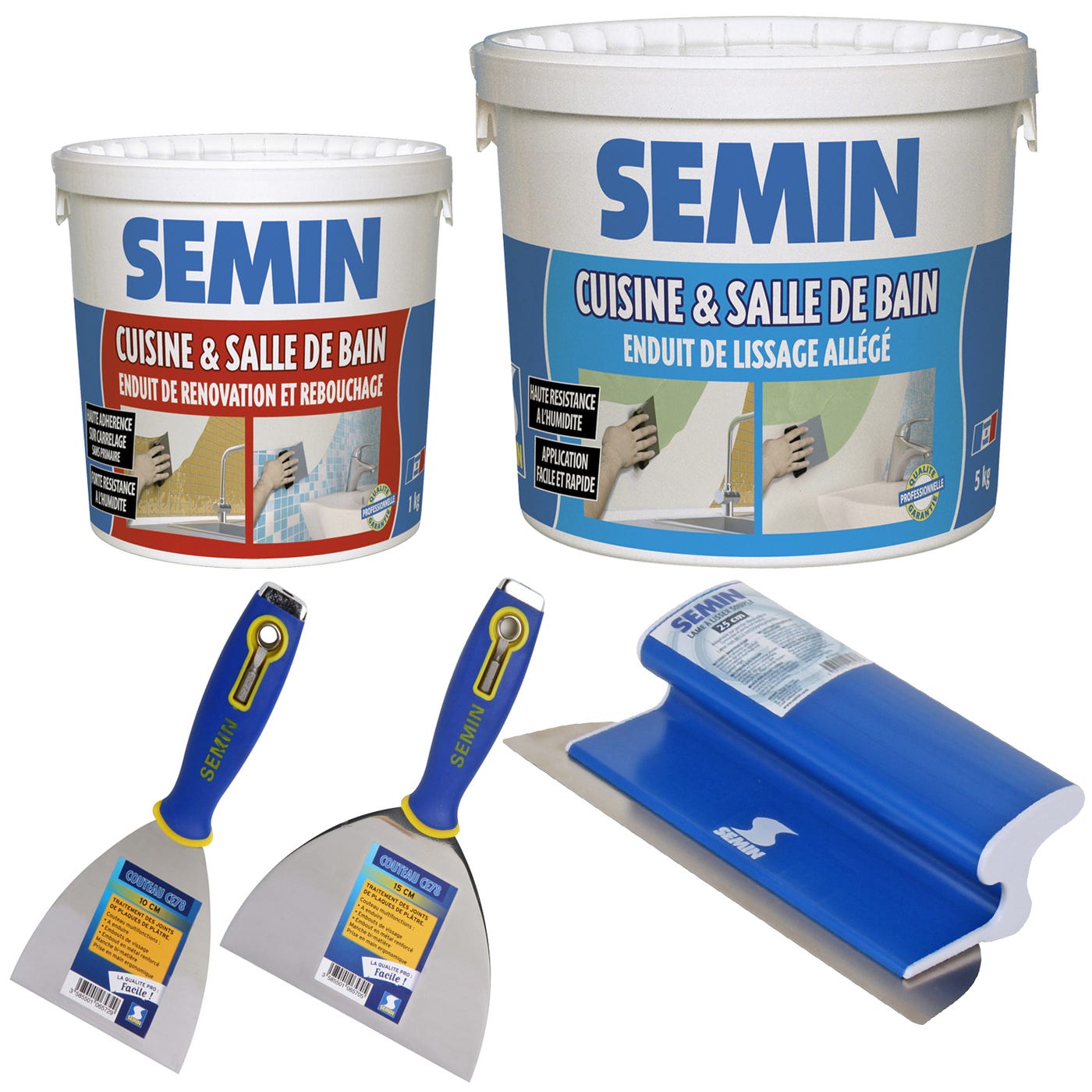 Pack Semin spécial rénovation salle de bain et cuisine pour 25m² composé d'un enduit de rebouchage & lissage et outils de lissage 0