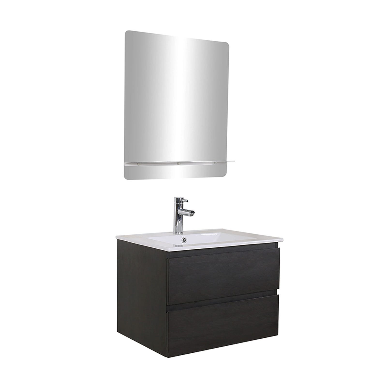 Meuble simple vasque 60cm SORRENTO Noir + vasque + robinet chromé + miroir 1