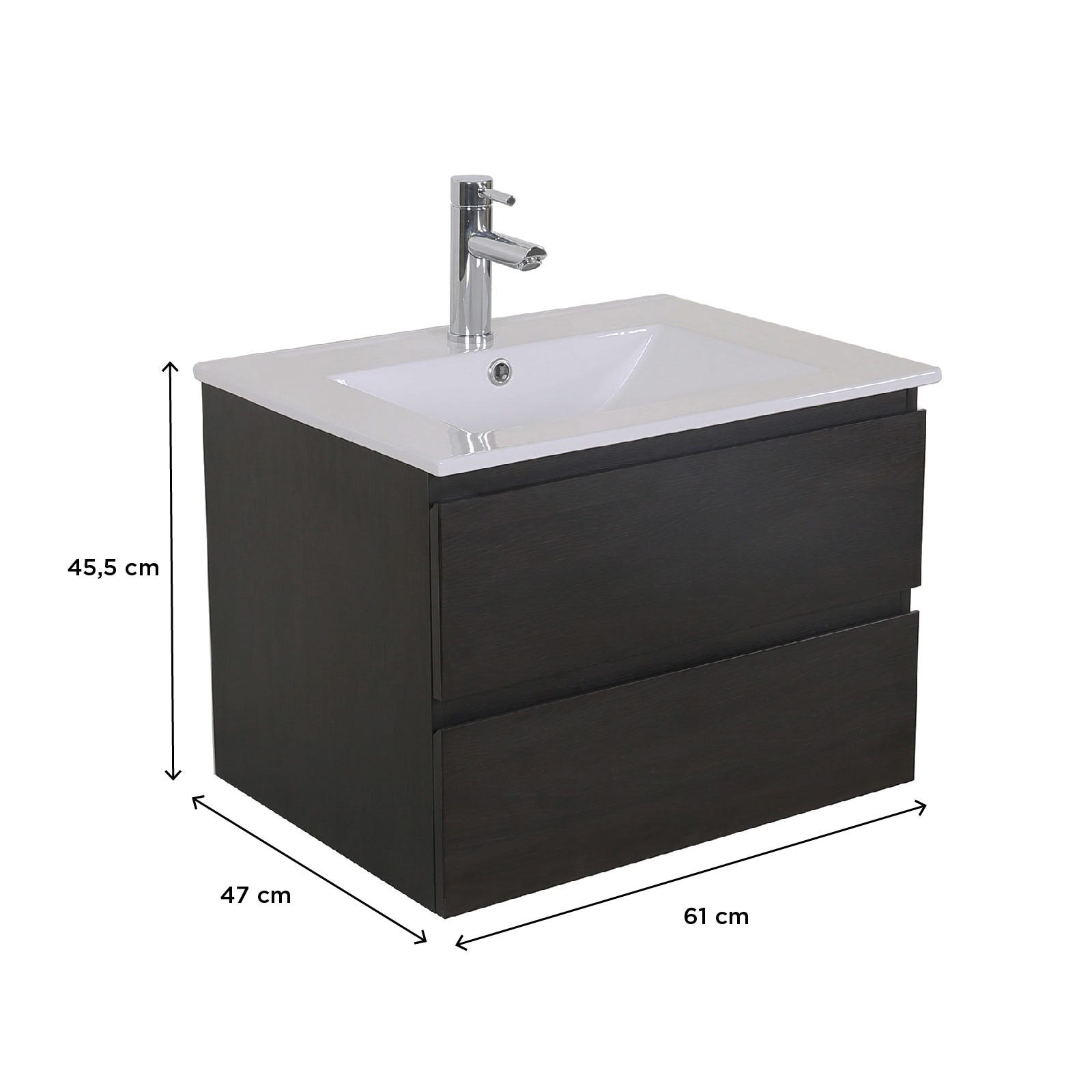 Meuble simple vasque 60cm SORRENTO Noir + vasque + robinet chromé + miroir 3