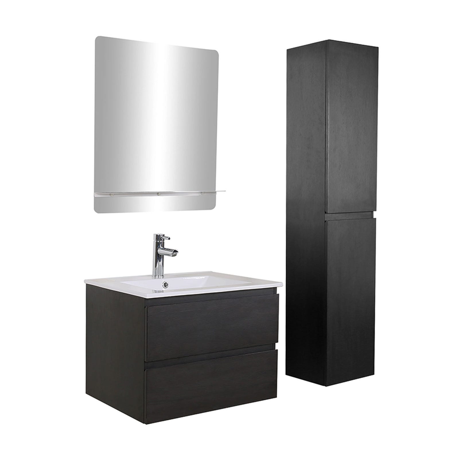 Meuble simple vasque 60cm SORRENTO Noir +vasque+robinet chromé+miroir+colonne 1