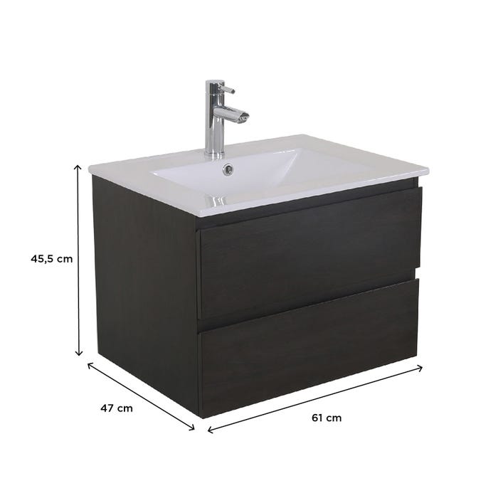 Meuble simple vasque 60cm SORRENTO Noir +vasque+robinet chromé+miroir+colonne 3