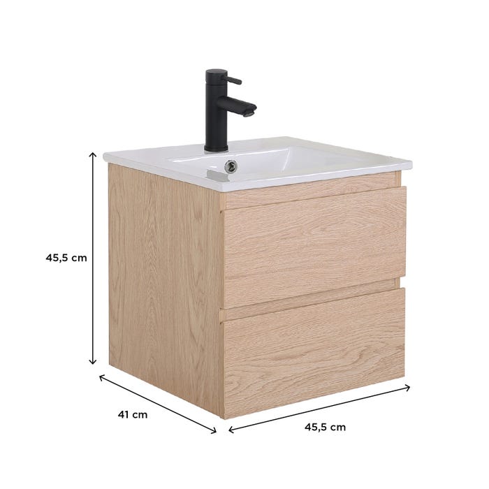 Meuble simple vasque 45cm décor chêne SORRENTO + vasque + robinet chromé 3