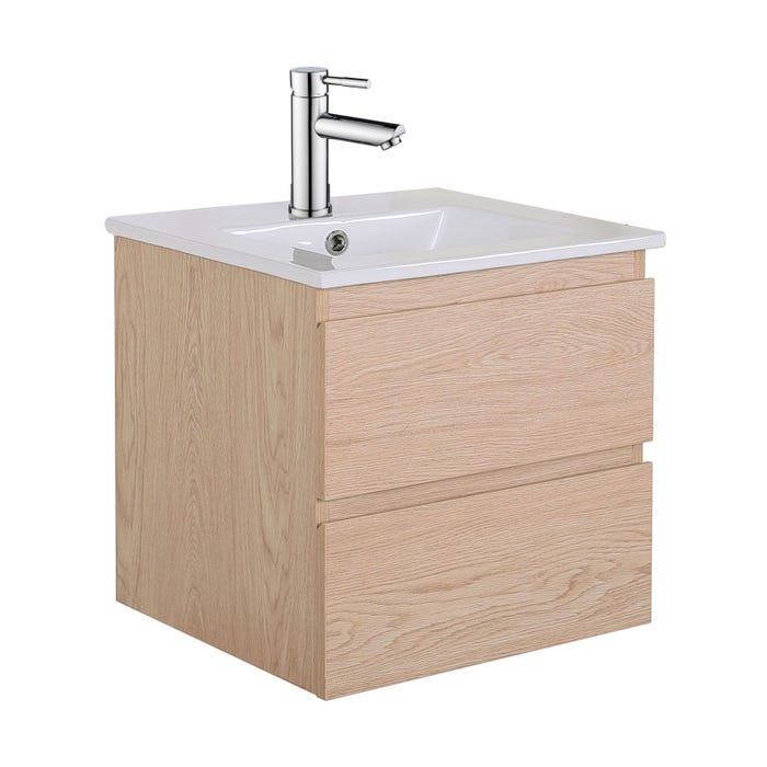 Meuble simple vasque 45cm décor chêne SORRENTO + vasque + robinet chromé 1