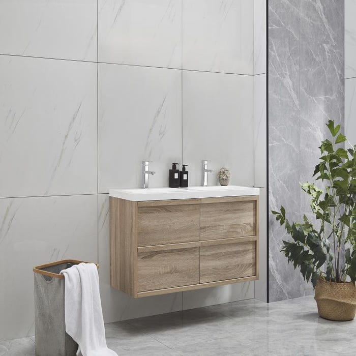 Meuble de salle de bain suspendu avec vasque à encastrer - Coloris naturel clair - 120 cm - QUADRA 1