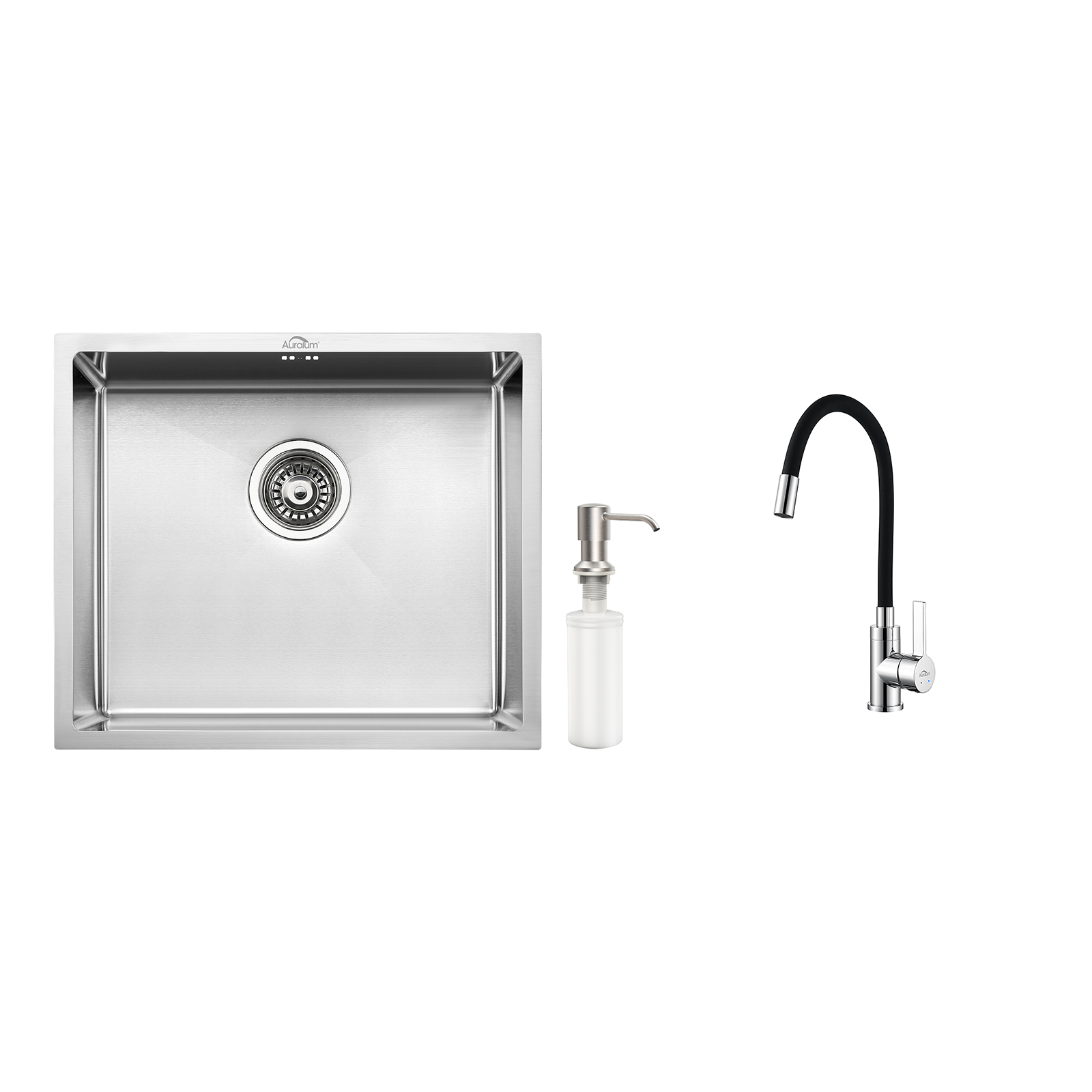 AuraLum Évier de Cuisine Inox 1 Bac 50*43*18CM avec Distributeur de Savon+Robinet de Cuisine Flexible Bec Haut Orientable 0