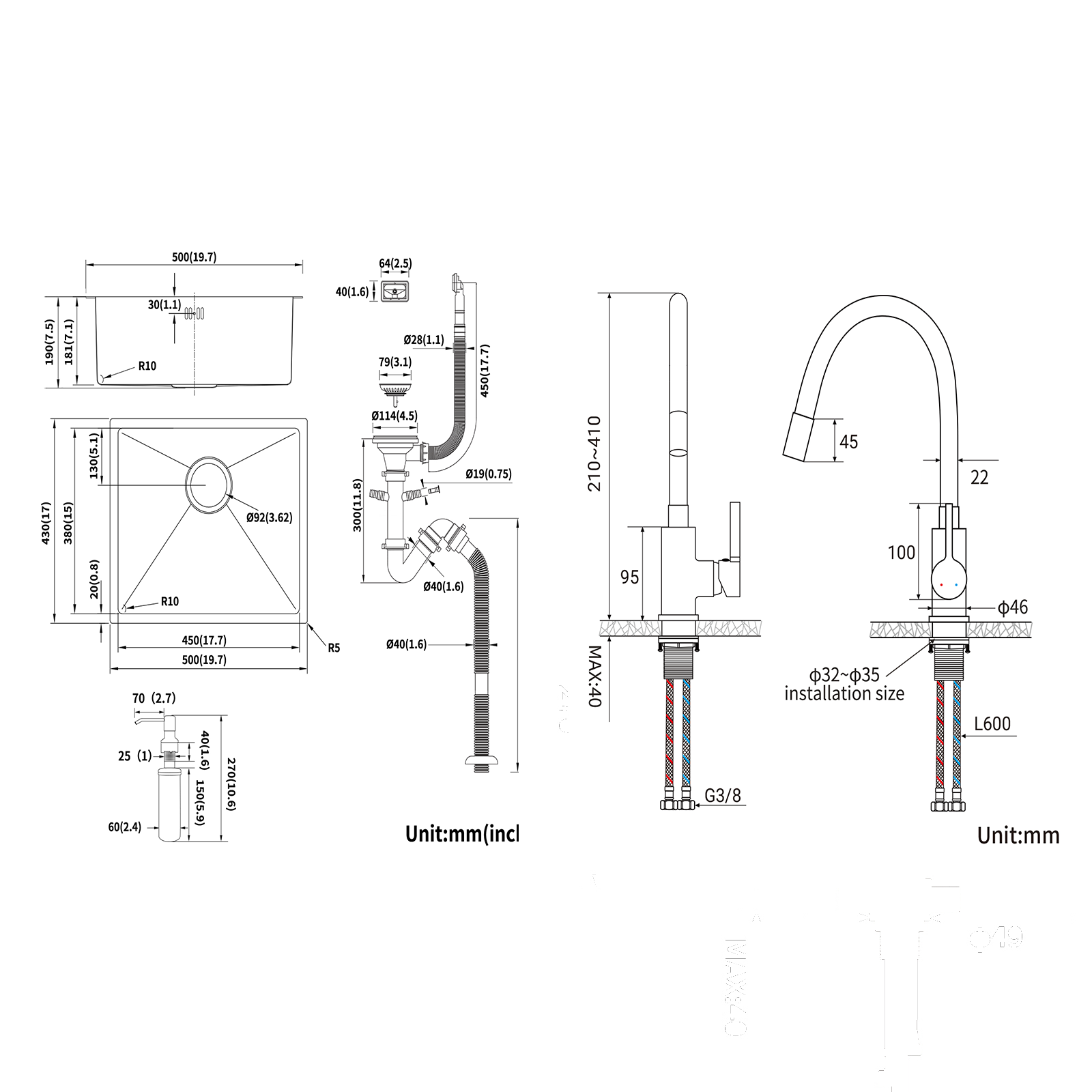 AuraLum Évier de Cuisine Inox 1 Bac 50*43*18CM avec Distributeur de Savon+Robinet de Cuisine Flexible Bec Haut Orientable 3