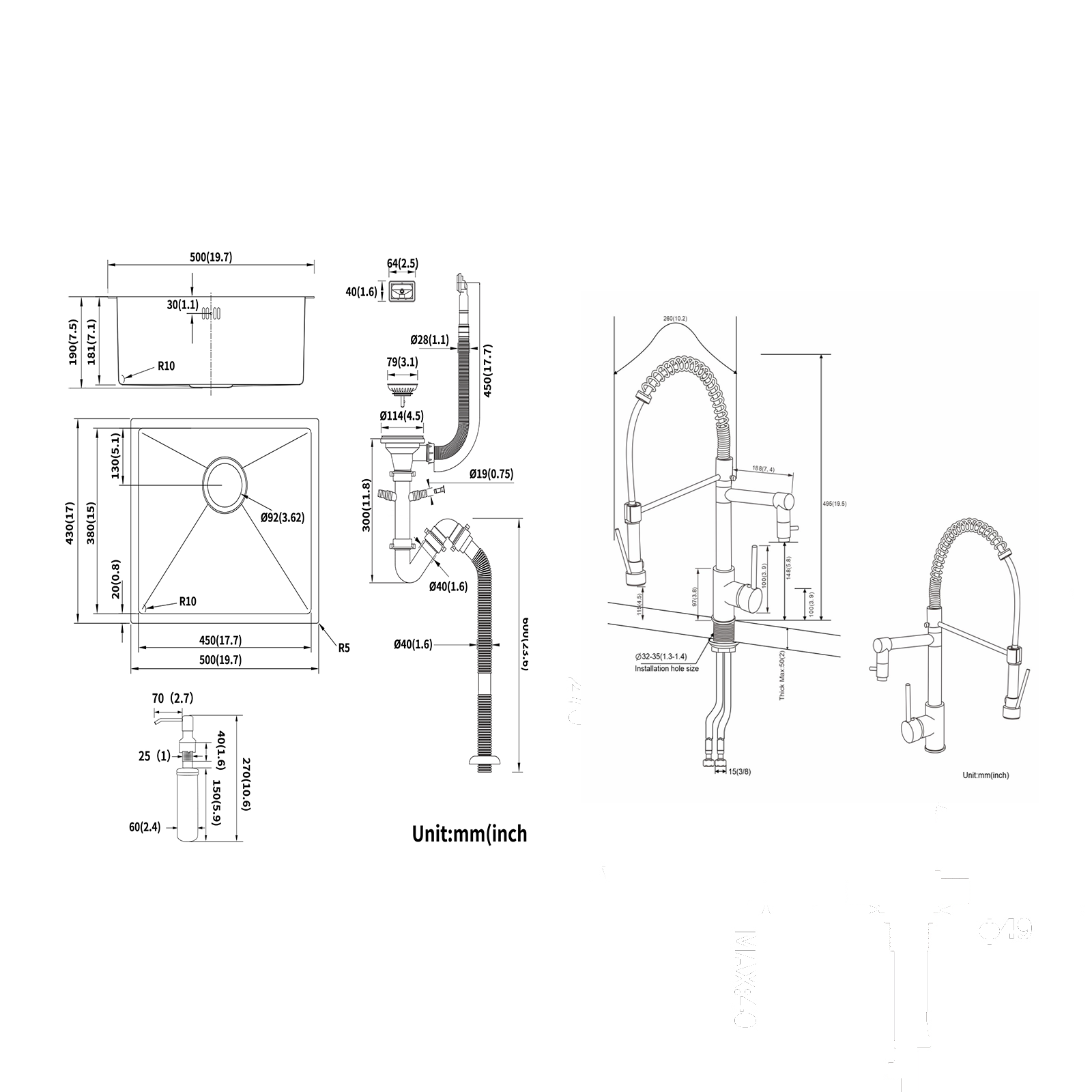 AuraLum Évier de Cuisine Inox 1 Bac 50*43*18CM avec Distributeur de Savon++Robinet Cuisine Rotatif 360° Douchette Extractible 3