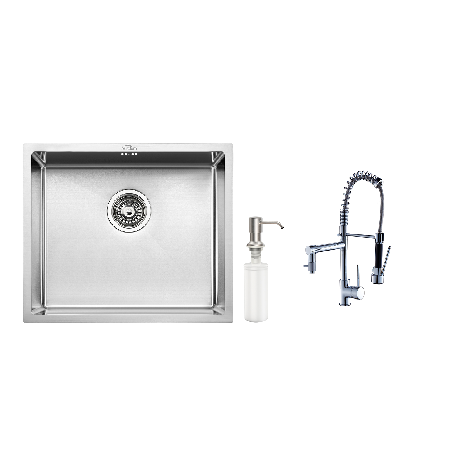 AuraLum Évier de Cuisine Inox 1 Bac 50*43*18CM avec Distributeur de Savon++Robinet Cuisine Rotatif 360° Douchette Extractible 0