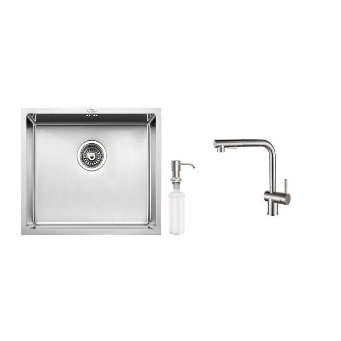 AuraLum Évier de Cuisine Inox 1 Bac 50*43*18CM avec Distributeur de Savon+Robinet Cuisine Douchette Extractible Deux Jets Pivotant 360° 0