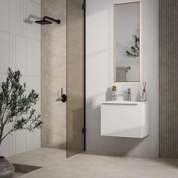 Meuble de salle de bain suspendu strié blanc avec simple vasque à encastrer - 60 cm - LATOMA 5