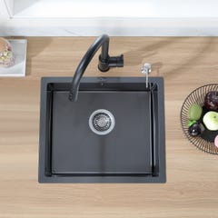 Auralum Évier Noir 1 Bac 50x43x18,5CM,Acier Inoxydable, avec Distrubuteur de savon+Robinet de Cuisine Noir Douchette Extractible à 2 Jets 1